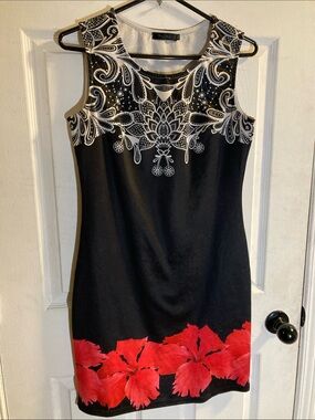 Black Sleeveless Shift Dress with White Crochet Yoke and Red Floral Hem